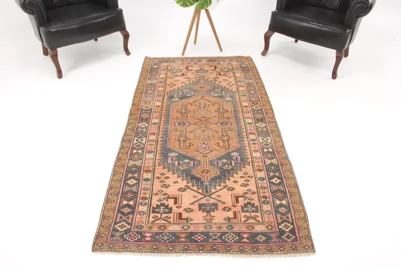 Vintage Accent Rug 3.37x6.6 ft (103x200 cm), Oushak Brown Camouflage Turkish Rug - 1