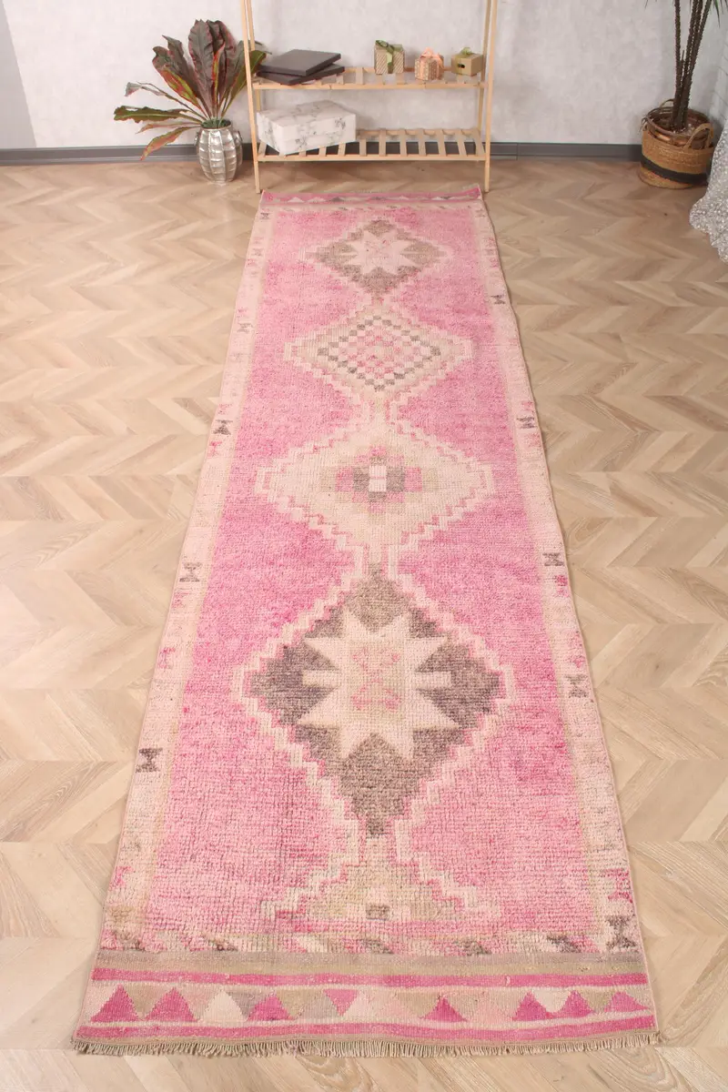 3,2x11,5 ft Teppich, türkischer Herki Teppich, Vintage rosa Wolle Ombré Teppich - 1
