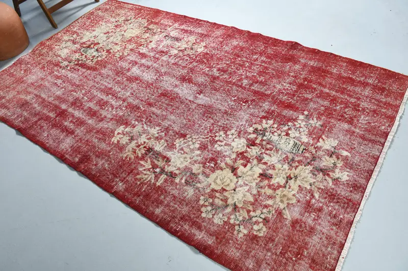 Türk Vintage Halısı, 4.9x8.4 ft Oushak Halısı, Kırmızı Kamuflaj Yün Halısı - 1