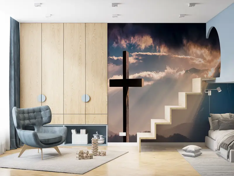 Wall Paper Peel and Stick, Paper Wall Art, Landscape Wall Print, Cross Landscape Wall Mural, Bright Wall Paper, , Cross Wall Print, - 3