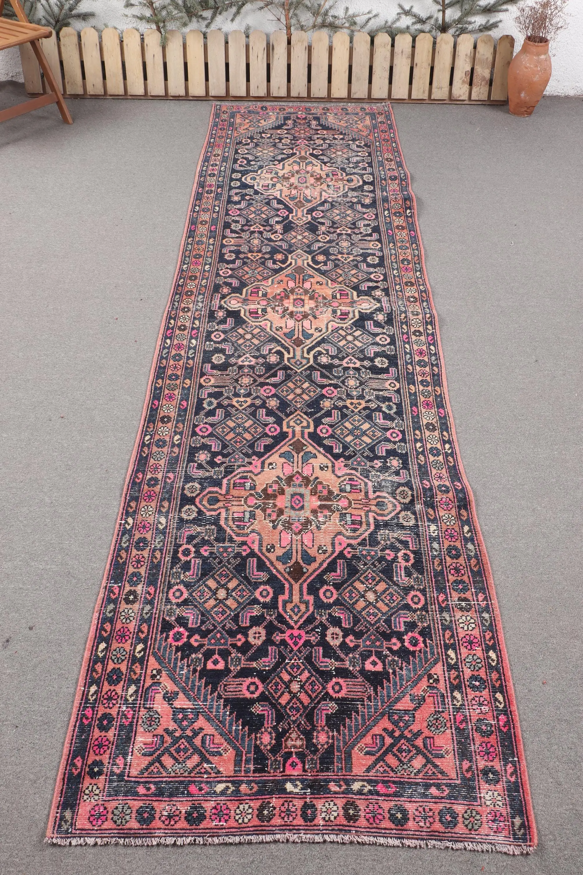 Turkish Rug, Runner 3.2x11.8 ft Vintage Rug, Blue Floral Wool Rug - 1