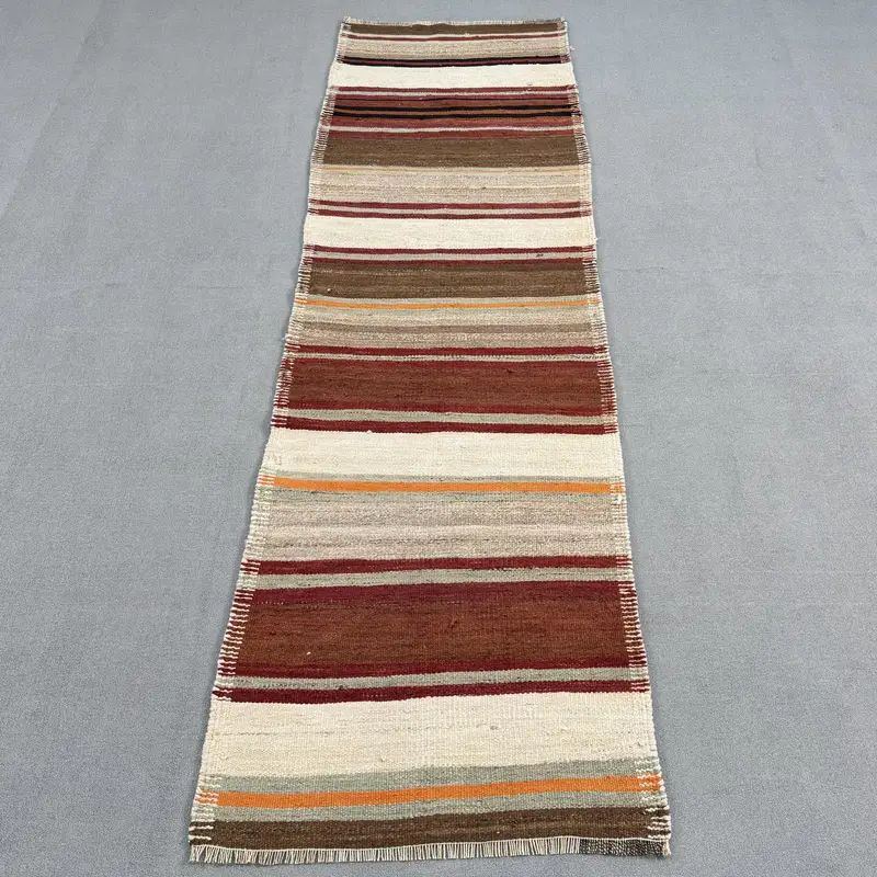 2.8x9.4 ft Halı, Türk Kilim Halısı, Vintage Kahverengi Yün Puantiyeli Halı - 1