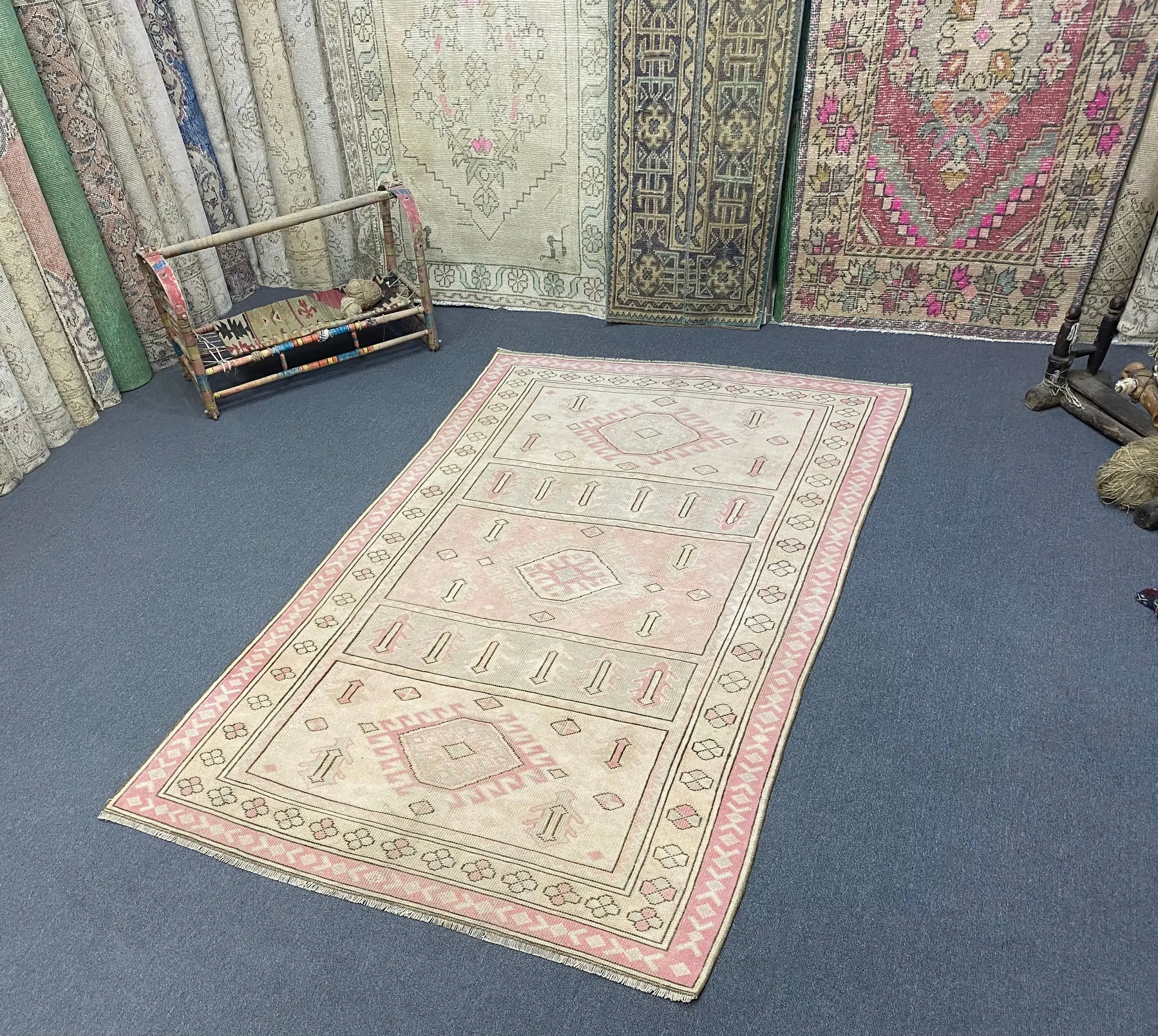 Turkish Area Rug, 4.3x7.3 ft Vintage Rug, Pink Floral Wool Rug - 1