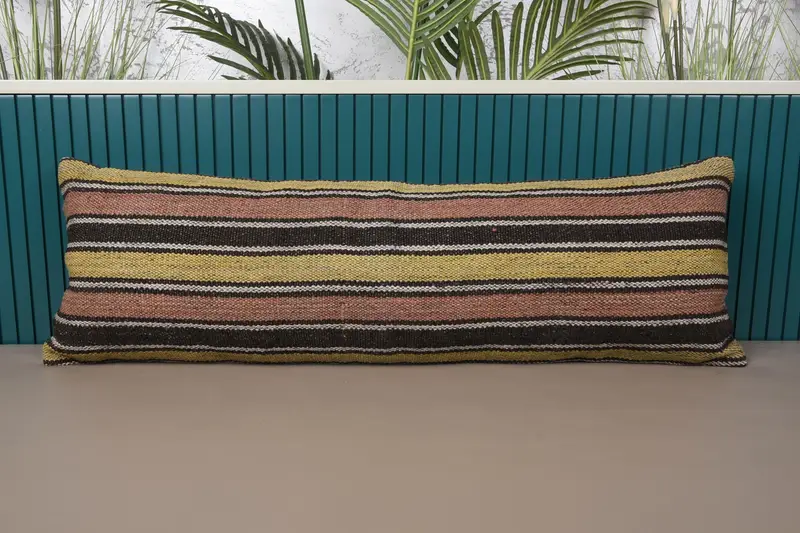 Almohada de tiro a rayas naranja y amarilla, cojín bordado hecho a mano