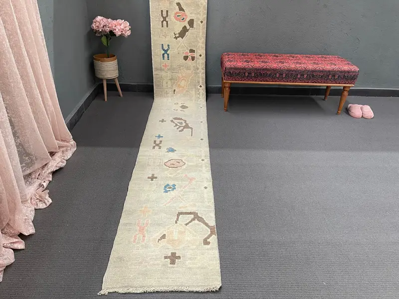 1.8x13.3 ft Vintage Runner Rug, Turkish White Rug - 1