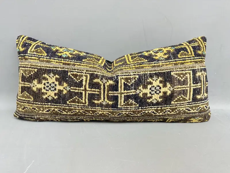 Almohada de lanzamiento de patchwork azul y amarillo, cojín bordado vintage