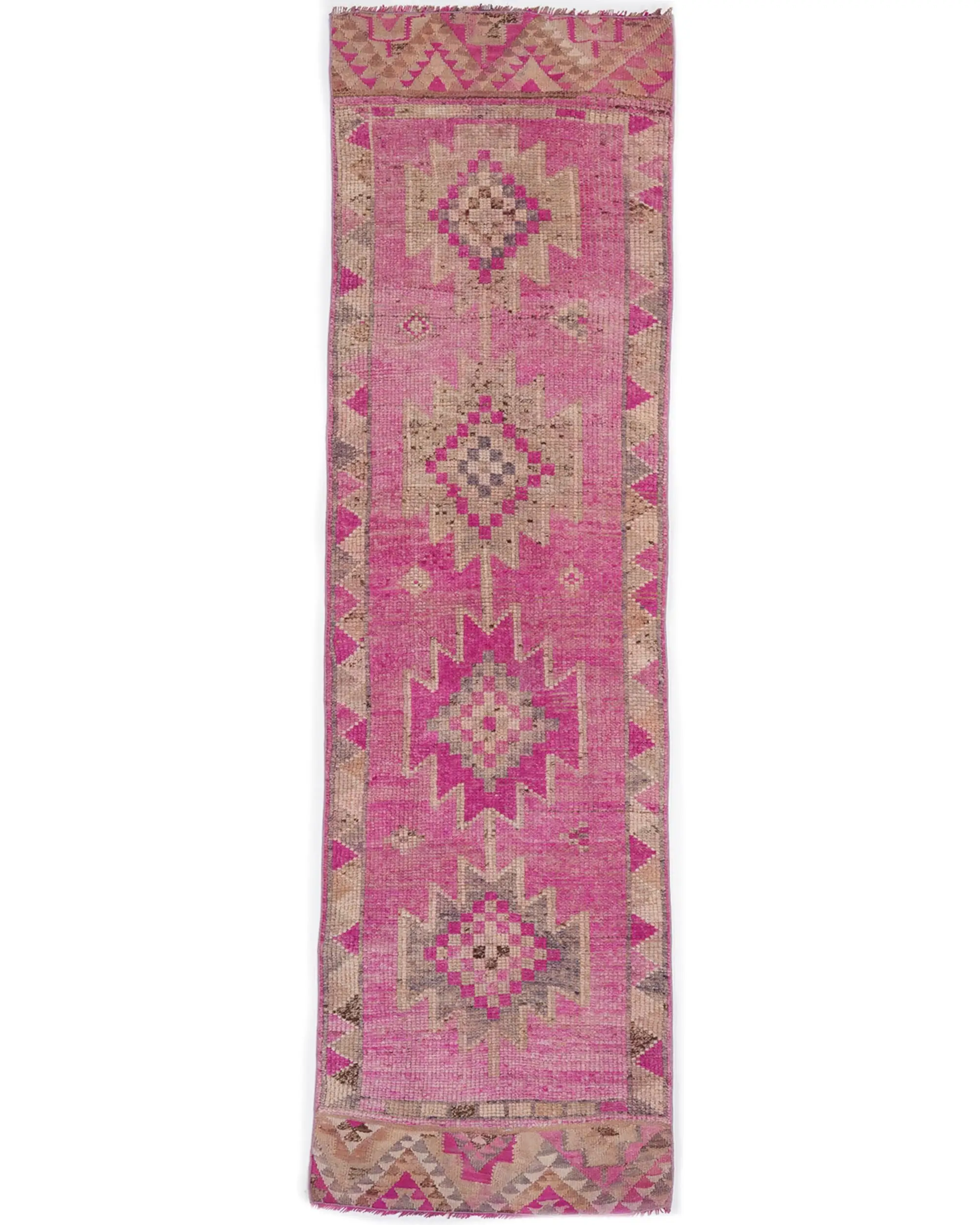 Vintage Turkish Rug, 2.6x9.3 ft Herki Rug, Pink Brown Animal Print Wool Rug - 1