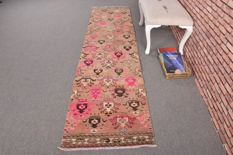 2.3x9.3 ft Oushak Vintage Rug, Brown Southwestern Turkish Rug Wool - 1