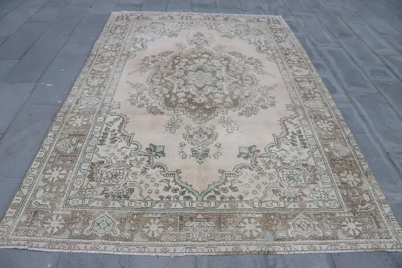 Vintage Büyük Halı 6.4x9.4 ft, Kahverengi İkat Türk Yün Halısı - 1