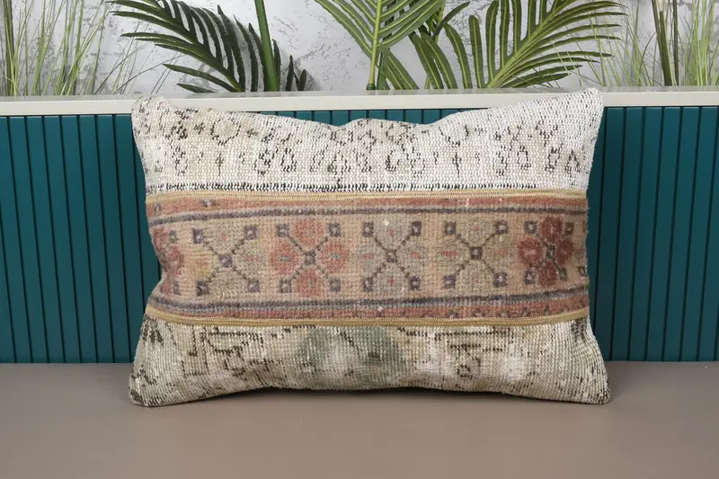 Beige & braunes Patchwork-Wurfkissen, handgemachtes Vintage-Rechteckkissen