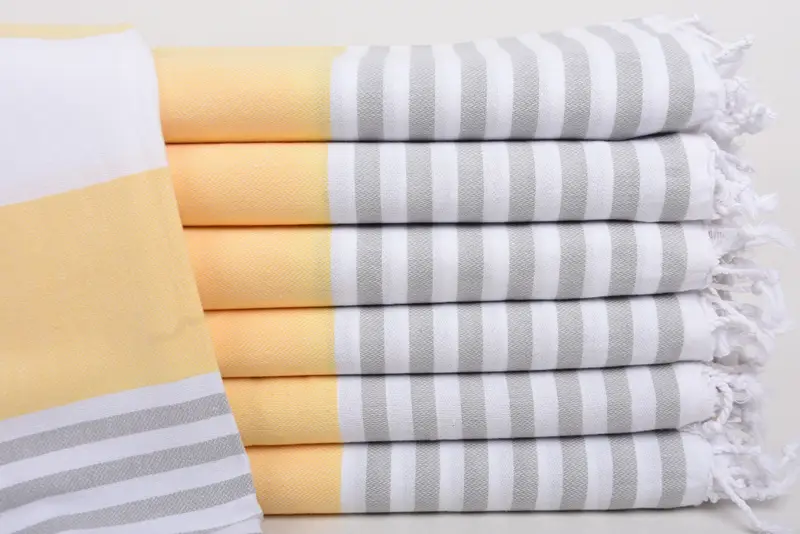 Turkish Bath Towel Yellow-Gray Cotton Striped, 40x71 Inches