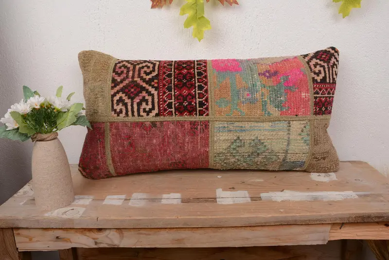 Red & Pink Patchwork Throw Pillow, 12x24 Embroidered Cushion