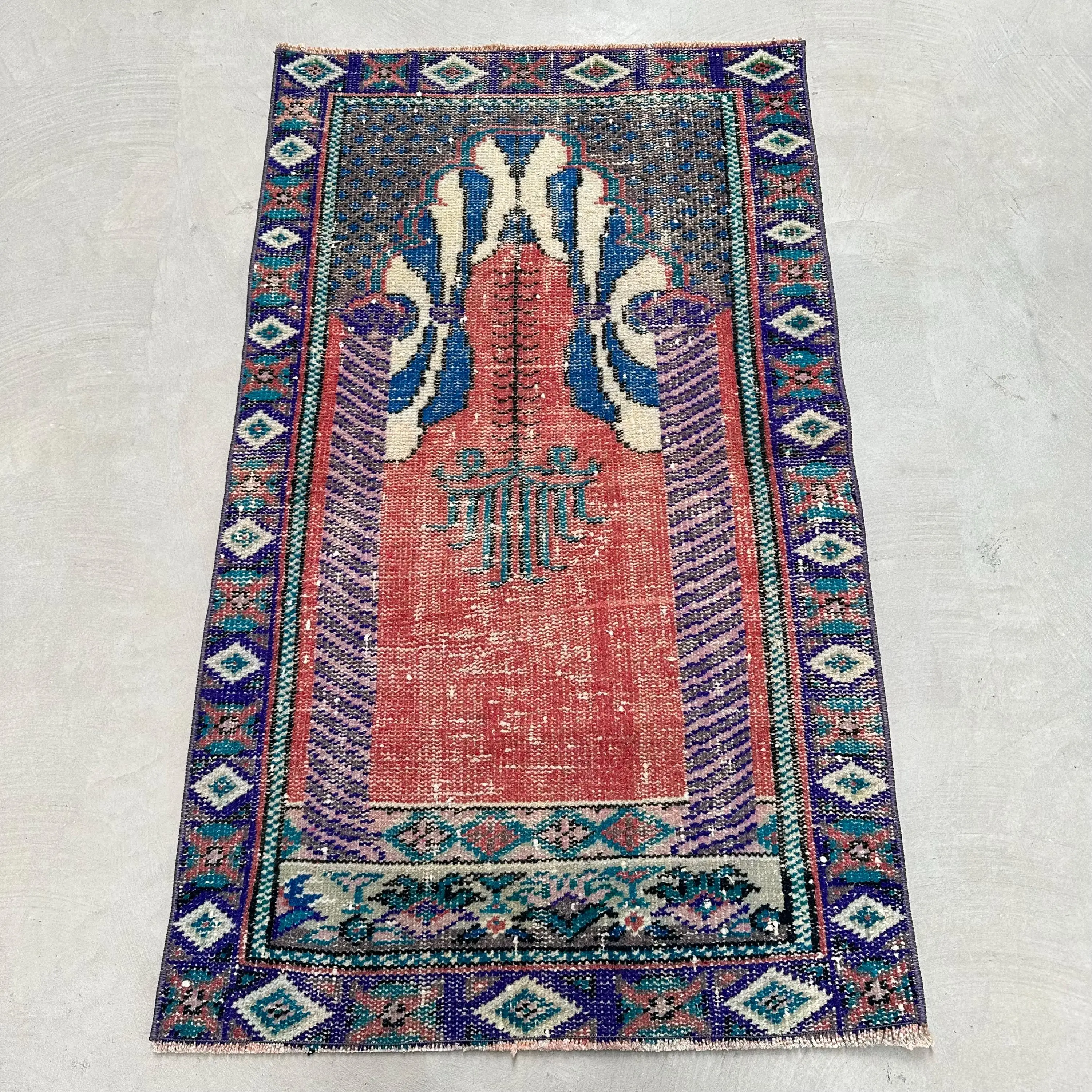 Vintage Rug, Small 2.5x4.3 ft Turkish Rug, Red Blue Oriental Wool Rug - 1