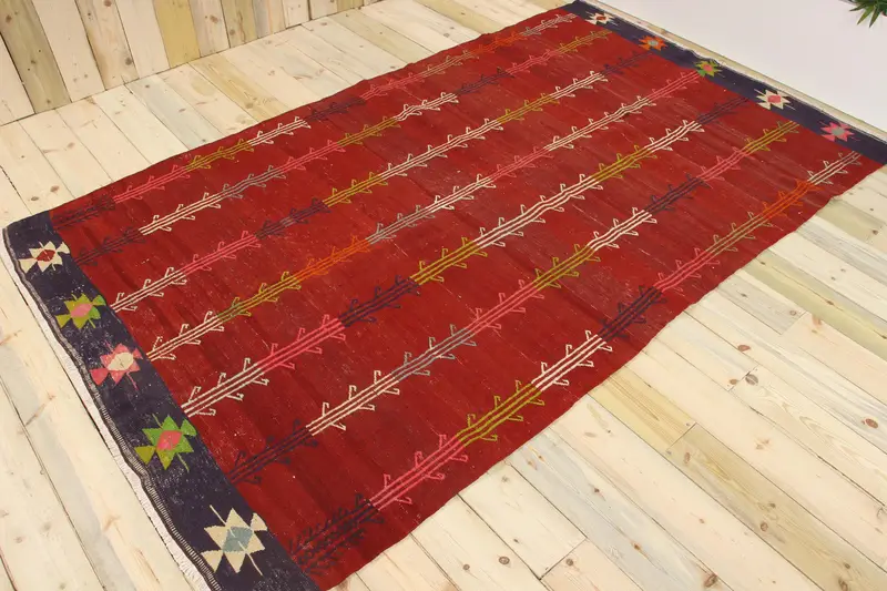 トルコ製 ラージ ラグ 163x276cm ウシャク レッド 抽象ヴィンテージ ラグ - 1