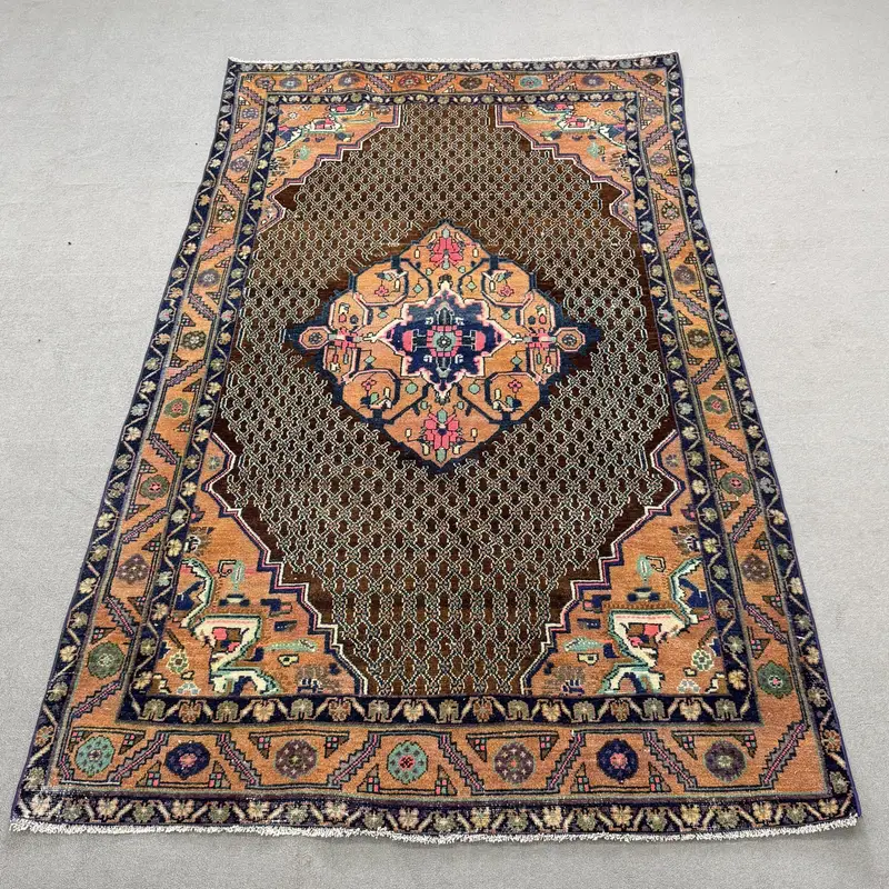 4.9x7.9 ft Alan Türk Vintage Halısı, Kahverengi Katı Yün Halı - 1