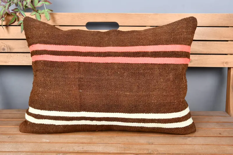 Oriental Cushion, Pillow, Handwoven Cushion Cover, Vintage Pillow, Kilim Pillow Cover, 20x28 Brown Cushion Cover, Handmade Kilim Cushion - 6