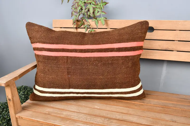 Oriental Cushion, Pillow, Handwoven Cushion Cover, Vintage Pillow, Kilim Pillow Cover, 20x28 Brown Cushion Cover, Handmade Kilim Cushion - 1