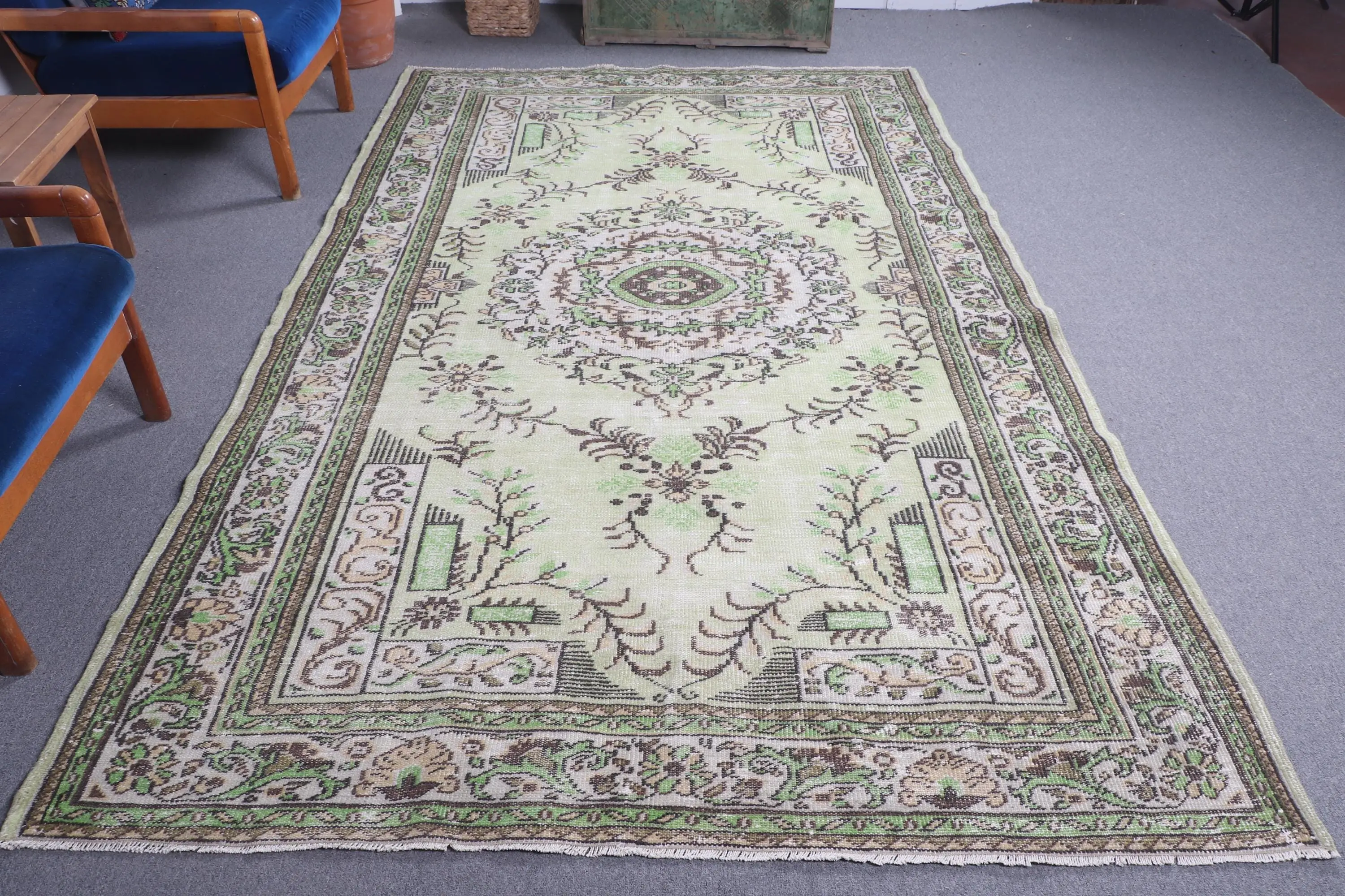 5.9x9.8 ft Rug, Vintage Rug, Turkish Green Wool Ombré Rug - 1