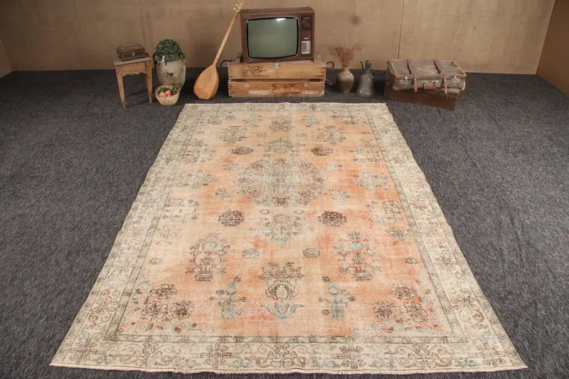 Türk Vintage Halısı, 6.8x10 ft Büyük Halı, Turuncu Mavi Düz Halı - 1