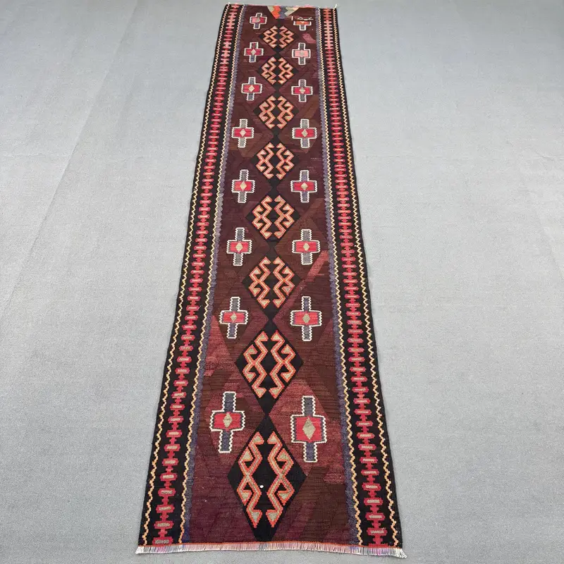 2.8x12.5 ft Turkish Vintage Rug, Runner Rug, Brown Kilim Plants & trees Rug - 1