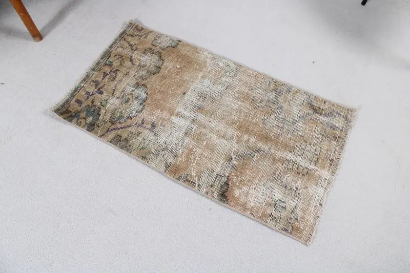 Vintage Türk Oushak Küçük Halı 1.7x3.2 ft, Kahverengi Fas Halısı Yün - 1