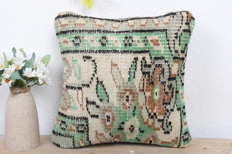 Decorative Pillow Sham, Ethnical Kilim Rug Pillow, Throw Kilim Pillow, 12x12 Beige Cushion Cover, Kilim Rug Pillow Cover, Pillow for Couch, Pillow - 2