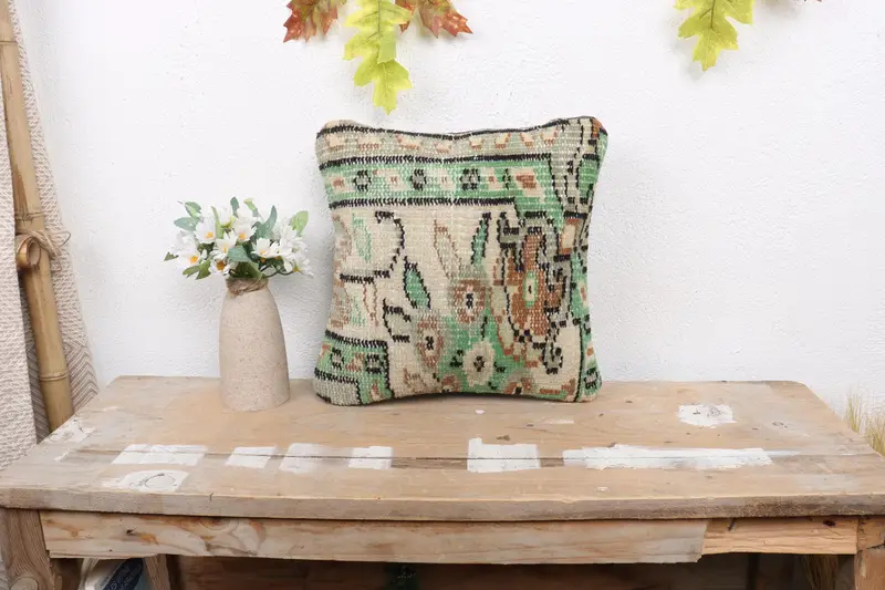 Decorative Pillow Sham, Ethnical Kilim Rug Pillow, Throw Kilim Pillow, 12x12 Beige Cushion Cover, Kilim Rug Pillow Cover, Pillow for Couch, Pillow - 1