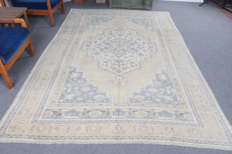Turkish Vintage Large Rug 6.5x10 ft, Oushak Blue Wool Rug - 1