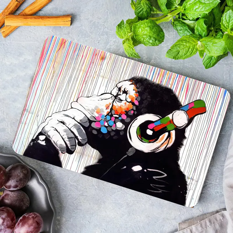 キッチン用のカラフルな猿のデザインの芸術的なガラスまな板