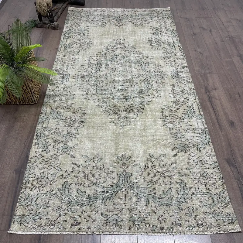 Elegant Beige & Green Moroccan Rug, 4x8.3 ft Chic Decor