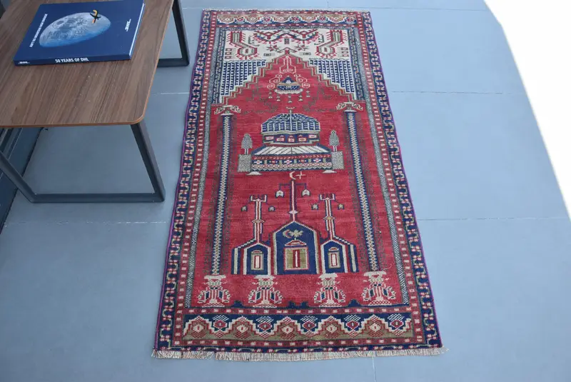 Vintage Turkish Oushak Rug 2.6x5.2 ft (78x158 cm), Red Camouflage Wool Rug - 1