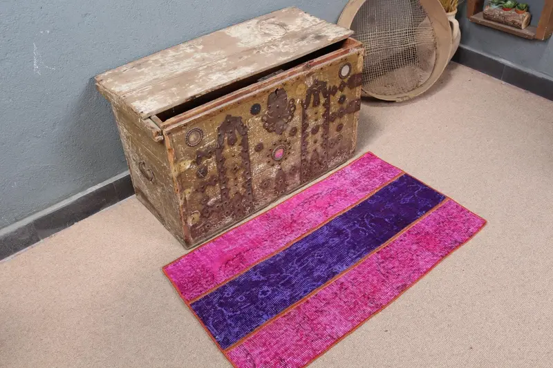 1,9x3,3 ft Halı, Pembe ve Mor Çiçek-Geometrik Tasarım