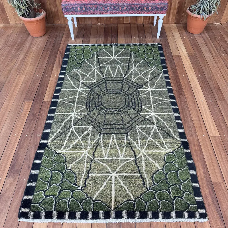 Türkischer Vintage-Teppich 3,9 x 6,9 Fuß, grüner Oushak-Ikat-Teppich - 1