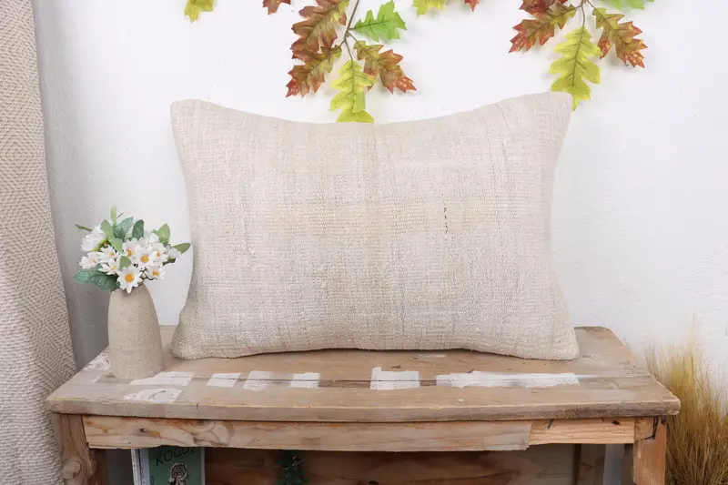 Cushion, Boho Pillow Sham Cover, Office Chair Pillow Sham, 16x24 White Pillow Sham, Handmade Kilim Cushion, Kilim Pillow, Tribal Pillow Cover - 1