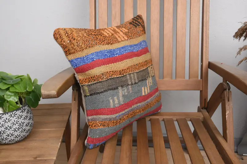 Kilim Pillow, Vintage Kilim Pillow Pillow Cover, 16x16 Blue Pillow, Shabby Chic Pillow Sham, Gift Pillow, Cushion Cover, Home Decor Pillow - 2