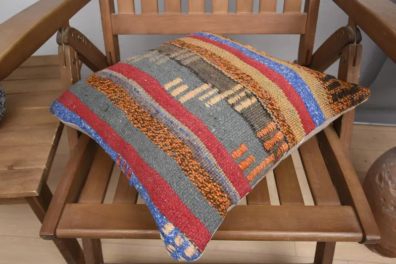 Kilim Pillow, Vintage Kilim Pillow Pillow Cover, 16x16 Blue Pillow, Shabby Chic Pillow Sham, Gift Pillow, Cushion Cover, Home Decor Pillow - 4