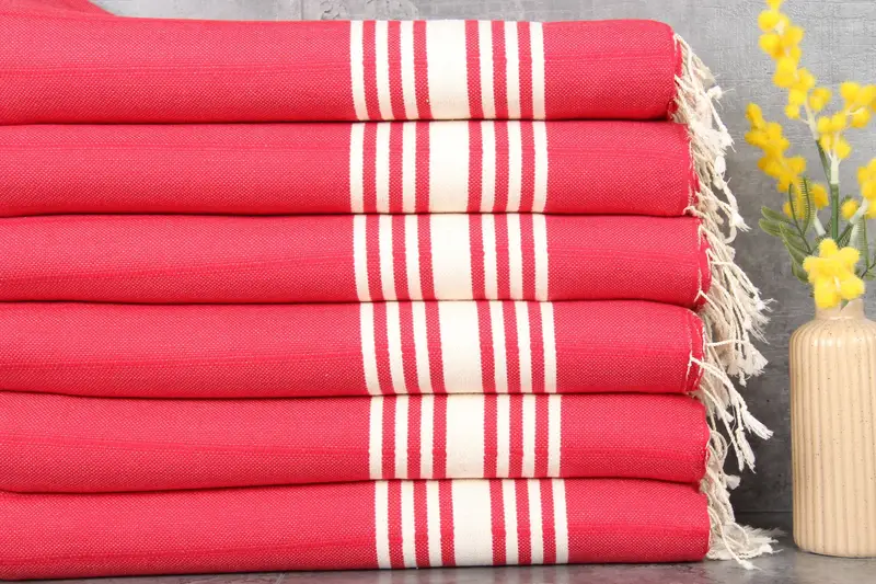 Personalized Organic Striped Peshtemal Towel Red Beige, 36x63 Inches