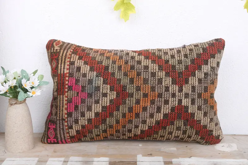 Kilim Cushion Sham, Ethnical Kilim Rug Pillow, 12x20 Red Cushion, Pillow, Boho Pillow Sham Cover, Office Chair Pillow Case - 2