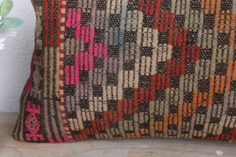 Kilim Cushion Sham, Ethnical Kilim Rug Pillow, 12x20 Red Cushion, Pillow, Boho Pillow Sham Cover, Office Chair Pillow Case - 3