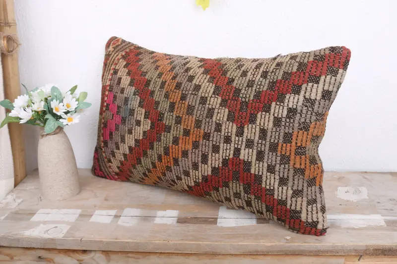Kilim Cushion Sham, Ethnical Kilim Rug Pillow, 12x20 Red Cushion, Pillow, Boho Pillow Sham Cover, Office Chair Pillow Case - 4