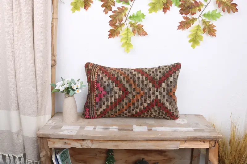 Kilim Cushion Sham, Ethnical Kilim Rug Pillow, 12x20 Red Cushion, Pillow, Boho Pillow Sham Cover, Office Chair Pillow Case - 1