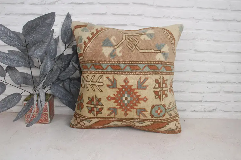 Tapestry Pillow Cover, Ethnical Kilim Rug Pillow, Turkish Kilim Pillow, Pillow for Couch, Garden Pillow, 20x20 Beige Pillow, Cushion Case - 1