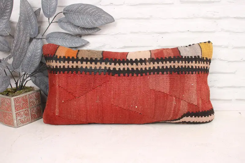 Vintage Pillow, Couch Pillow Cover, Antique Pillows, Interior Designer Pillow, 12x24 Red Pillow, Crochet Pattern Pillow, Pillow, Knitted Cushion - 1