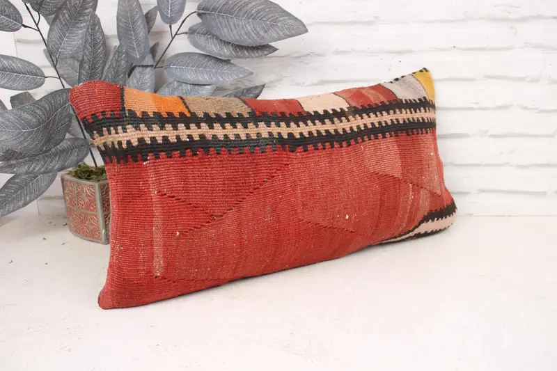 Vintage Pillow, Couch Pillow Cover, Antique Pillows, Interior Designer Pillow, 12x24 Red Pillow, Crochet Pattern Pillow, Pillow, Knitted Cushion - 3