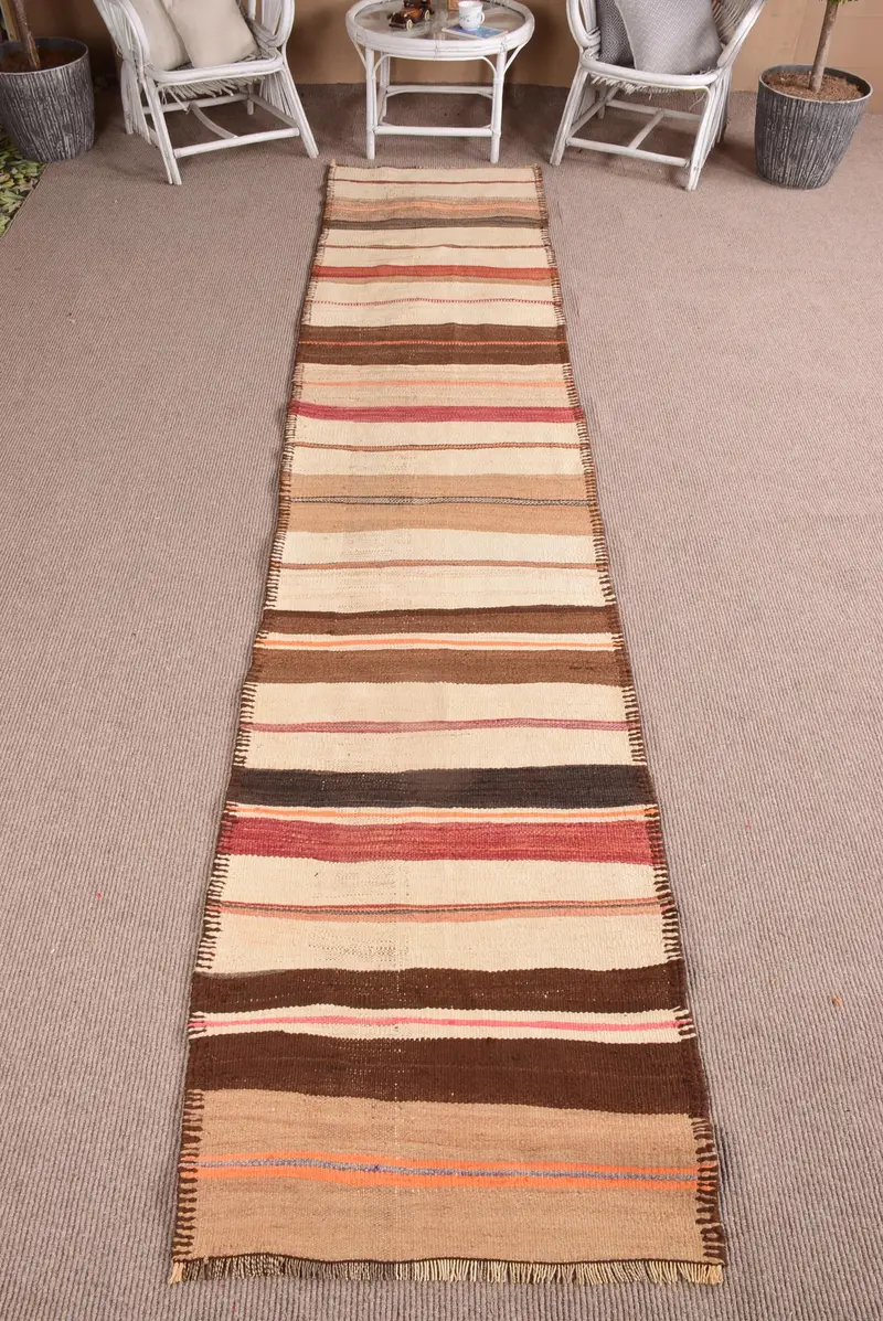 Vintage Runner Halı 2.6x12.3 ft, Türk Kilim Kahverengi Oryantal Yün Halı - 1