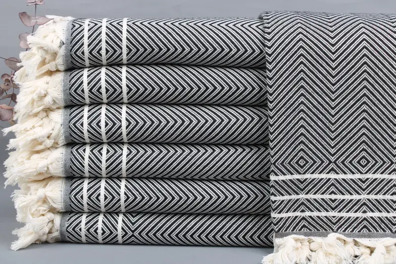 Couch Throw Turkish Blanket Diamond Black Beige, 71x95 Inches