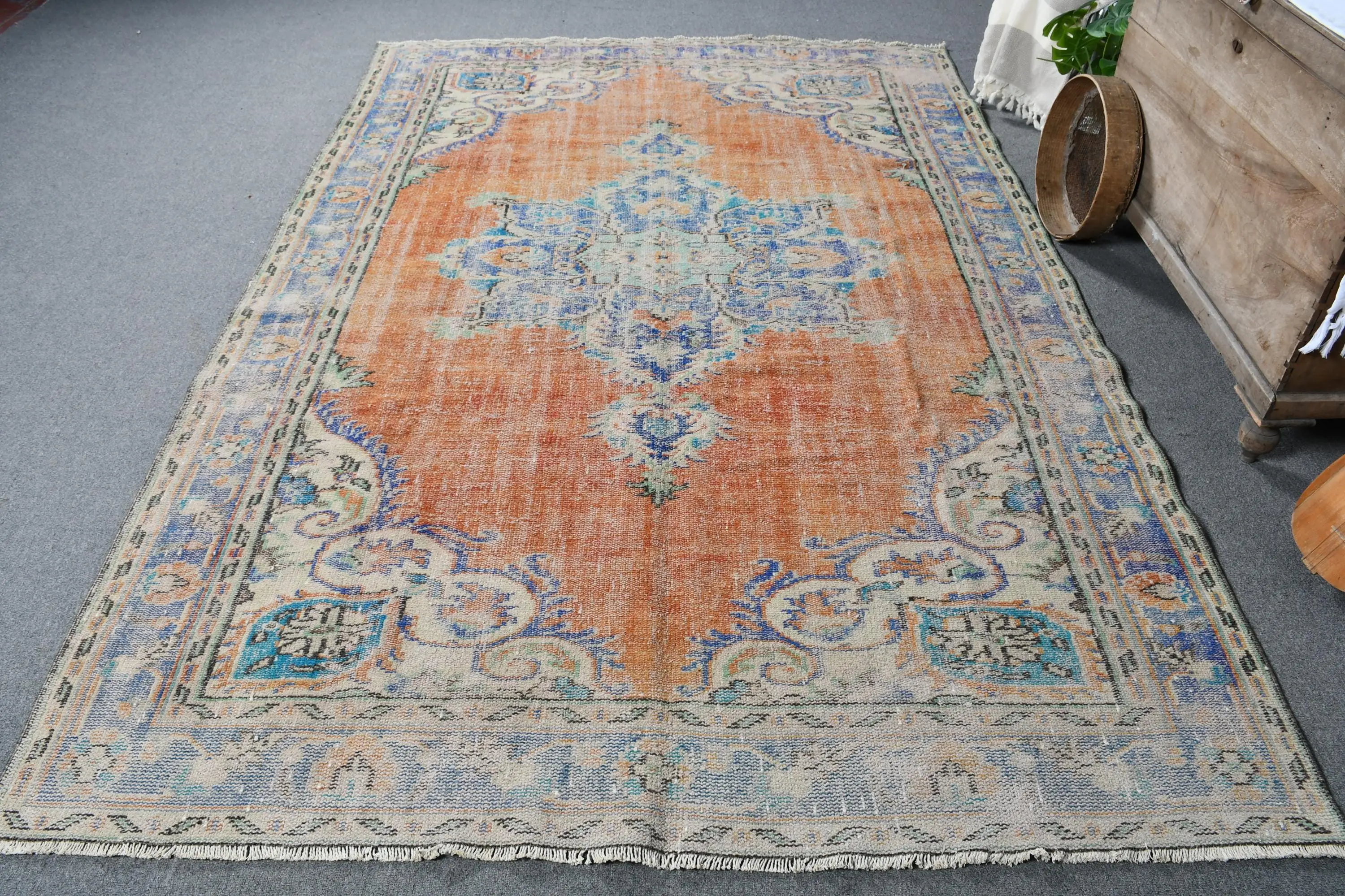Canlı 6,2x9,4 ft Halı, Zarif Turuncu ve Mavi Oryantal - 1