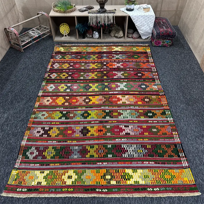 Vintage Turkish Kilim Rug 6x9.4 ft, Rainbow Area Geometric Wool Rug - 1