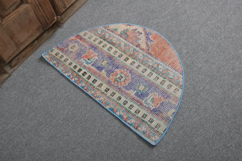 Turkish Vintage Round Rug 2.4x1.4 ft (74x44 cm), Blue Camouflage Oushak Rug - 1
