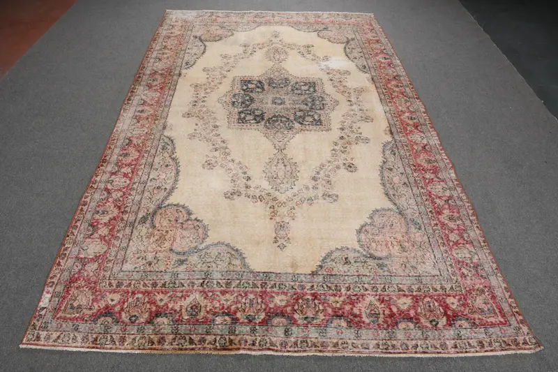 Turkish Vintage Rug, 6.8x10.9 ft Oushak Rug, Red Oversize Southwestern Rug - 1